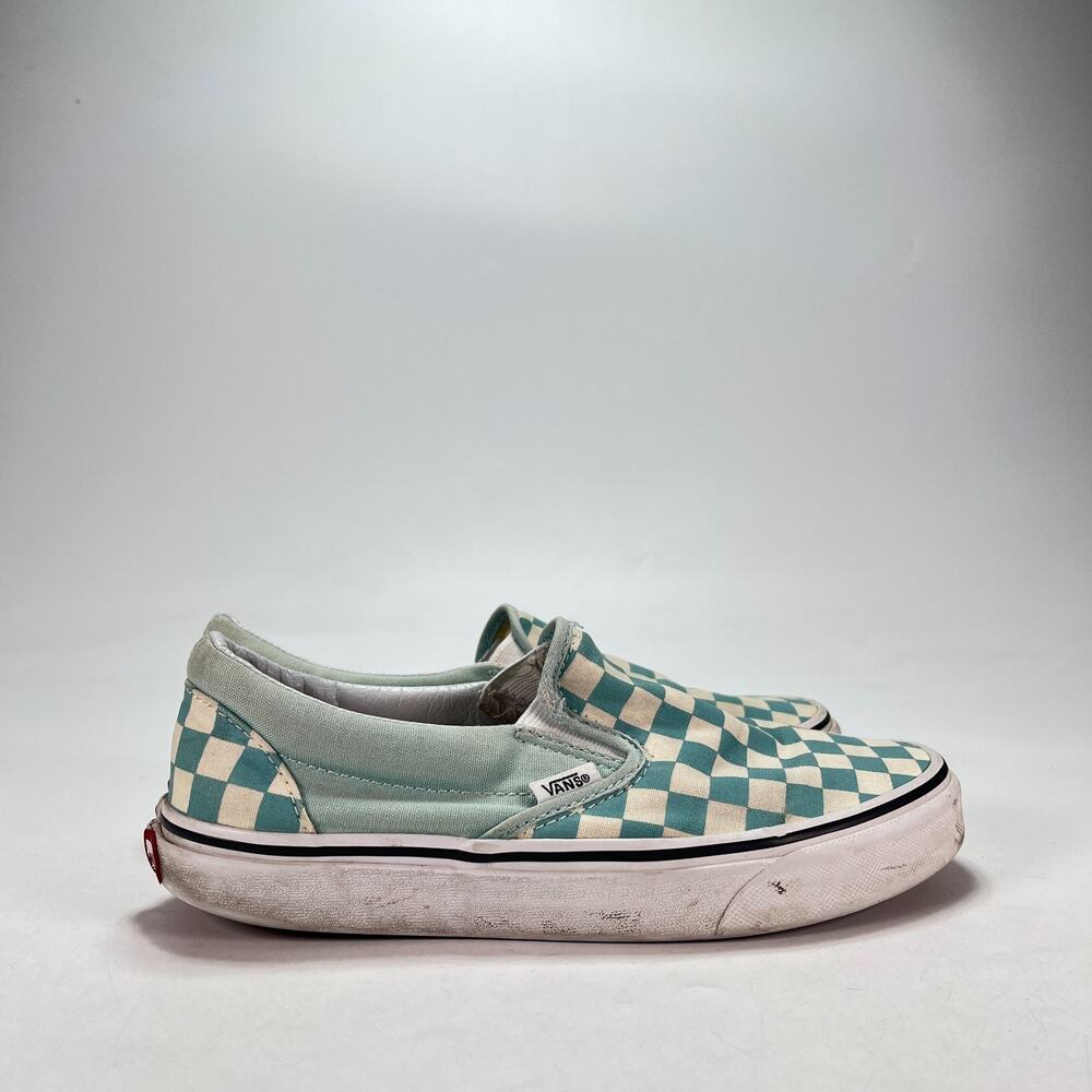 Vans Classic Slip-On Aqua Haze Checkerboard Teal White Sneakers Women's Size 7.5